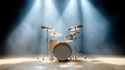 Drum kit set illuminated by spotlight on dimly lit stage creates captivating atmosphere