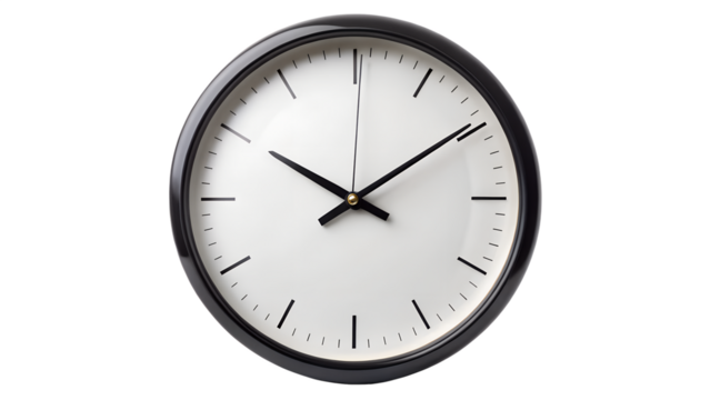 Modern Wall Clock with Black Frame at Ten Past Ten on transparent background