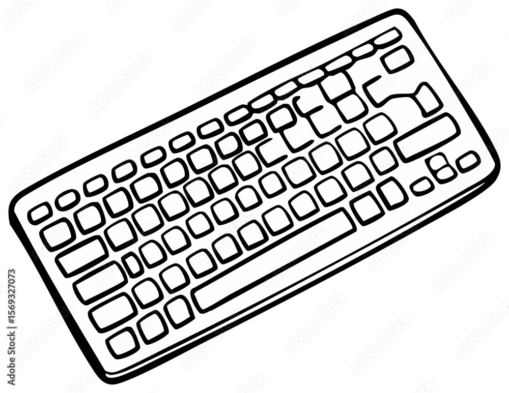 Fototapete stylized keyboard illustration, white and black sketch of desktop computer input device for graphic 