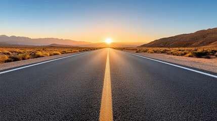 Naklejka premium Endless road stretching into horizon at sunrise, surrounded by desert landscape