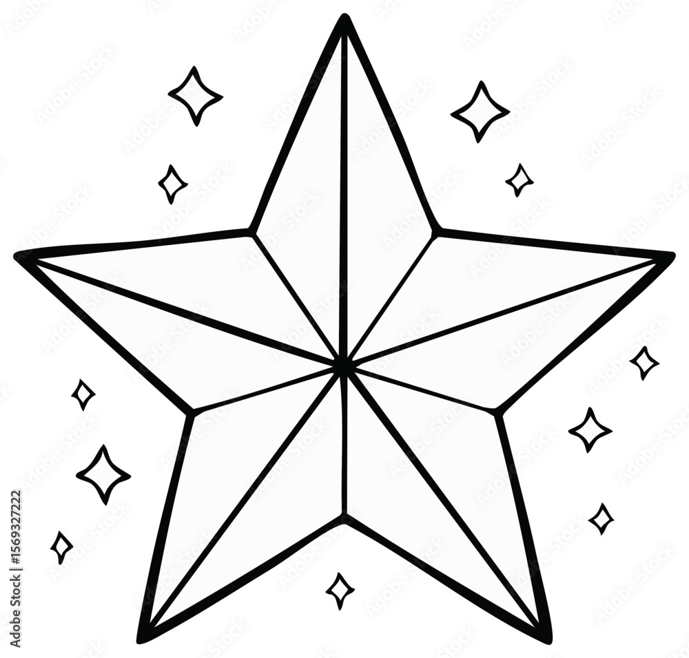 Poster stylized five-pointed star with internal lines and diamond-shaped glitter elements around it on a tr