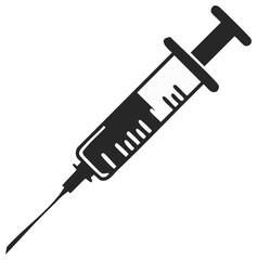Isolated black and white illustration of a syringe with filler for medical or scientific applications, vaccination and health care topics.