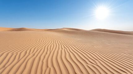 Endless sand plain with rippling patterns under bright sun creates serene atmosphere