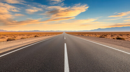 Fototapeta premium Endless stretch of road through silent desert basin under vibrant sky
