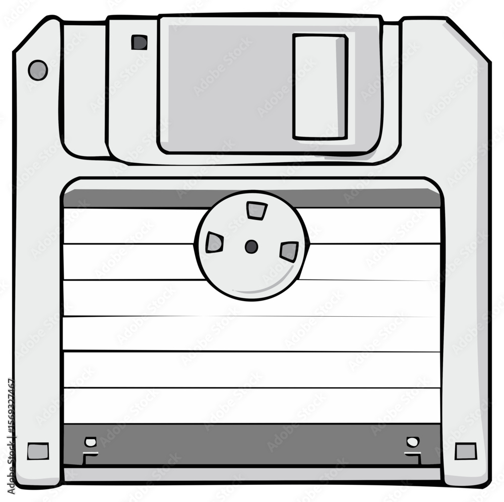 Poster illustration of a floppy disk, a vintage data storage device for old computers, isolated on a transp