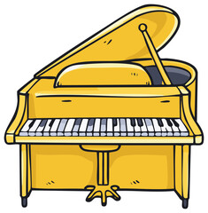 Cartoon Illustration of a Shiny Yellow Grand Piano, Side View, Black and White Keys Ready for Music, Isolated Against a Transparent Background