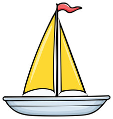 Stylized Sailboat Illustration with Yellow Sails and Red Flag Against a Black Background for Nautical Themes