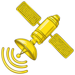 Golden Satellite Transmitting Signal, Communication Technology, Global Broadcast Illustration on Transparent Background