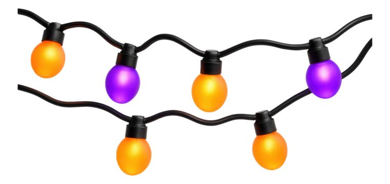 A string of orange and purple LED lights, ideal for draping around the balcony railing of an apartment to create a festive Halloween atmosphere.