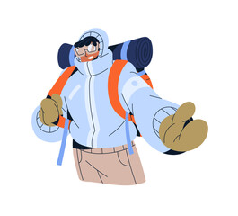 Hiker in outerwear extends hand to invite into winter hiking. Climber travels, trekking with backpack. Person is mountaineering, climbing on snow mountain. Flat isolated vector illustration on white