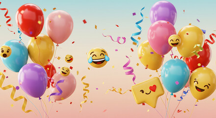 World Emoji Day Celebration with Balloons, Confetti and Emoji Faces