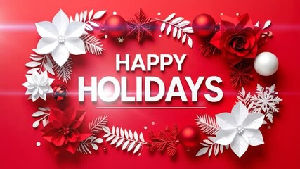 Festive paper cutouts of flowers, ornaments, and snowflakes arranged in a wreath around the words "Happy Holidays" on a red background - Powered by Adobe