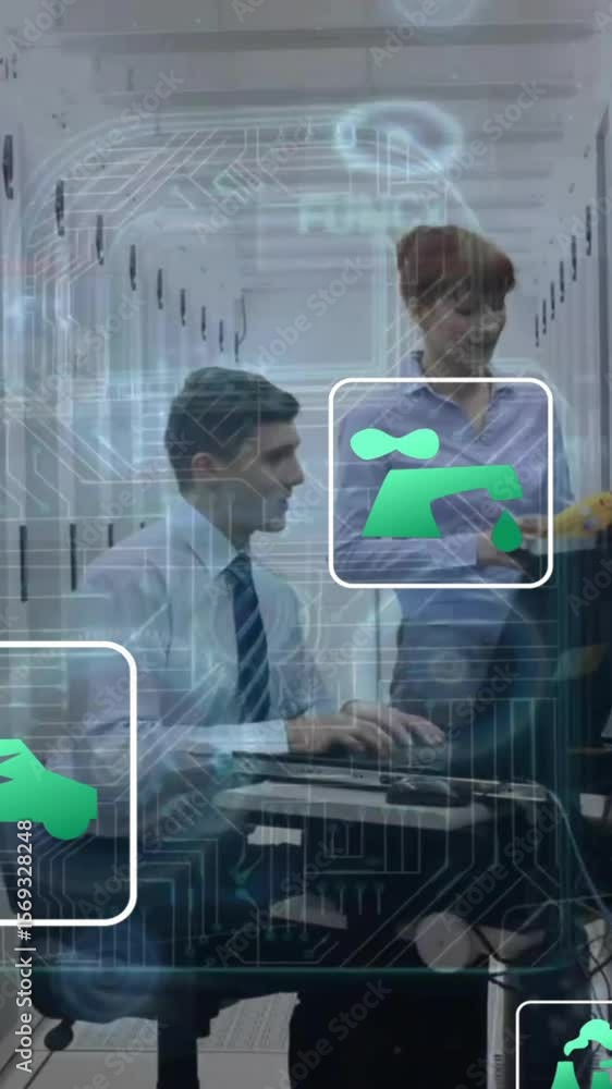 Poster animation of icons, circles over caucasian engineers using laptop to check data server system