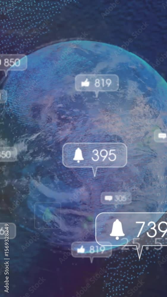 Poster animation of multiple icons, notification bars over dots around globe against abstract background