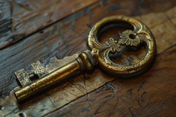 Antique golden key lies on a scratched wooden surface, evoking a sense of history, mystery, and forgotten secrets