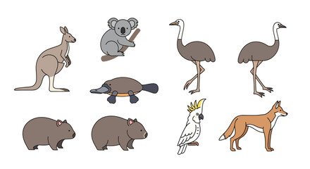 Vector australian wildlife animals vector illustration featuring kangaroo koala platypus emu wombat cockatoo and dingo