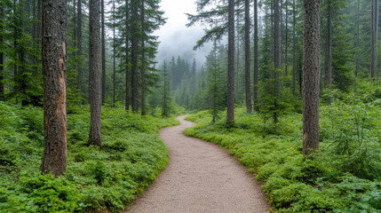 Fototapeta premium Winding forest trail surrounded by tall pine trees and lush greenery creates serene atmosphere