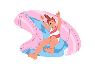 Happy kid is on water slides in aquapark. Excited child has fun on waterslide with hands up. Little girl in swimsuit playing in swimming pool in summer. Flat isolated vector illustration on white