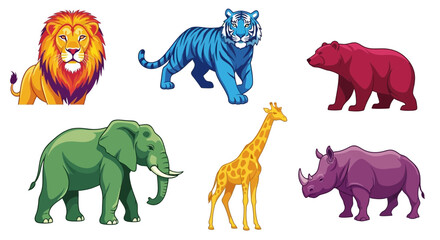 Vector colorful cartoon animals illustration featuring lion tiger bear elephant giraffe and rhinoceros art design