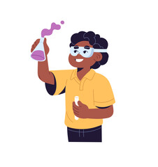 Student does experiment, school project by Chemistry. Little boy does science in chemical lab. Kid inventor holds tubes, learning in laboratory. Flat isolated vector illustration on white background