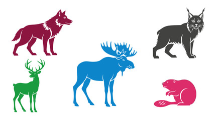 Vector wildlife illustration featuring wolf, deer, moose, lynx, and beaver in vector format for design projects