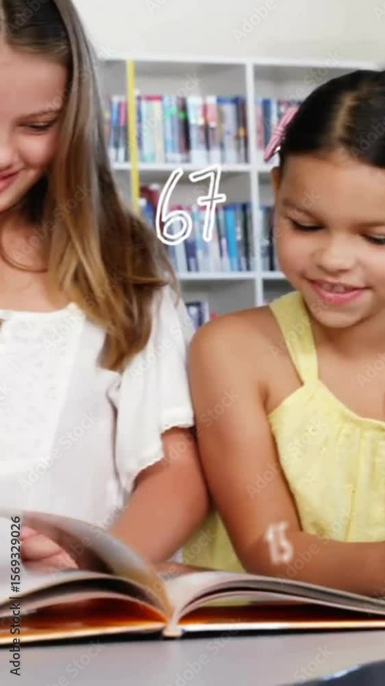 Poster animation of multiple numbers and symbols over caucasian girls reading book in library room