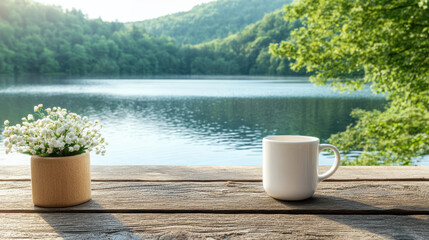 Serene lakeside view with cup of coffee and flower pot, perfect for relaxation