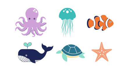 Vector ocean animals illustration featuring octopus jellyfish clownfish whale turtle and starfish sea life drawing