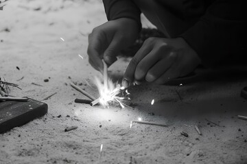 Sparks fly as gloved hands strike a fire starter on sandy ground — symbolizing survival instinct, elemental force, and raw self-reliance