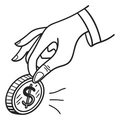 Hand dropping dollar coin; line art; minimalist; financial; banking; investment; money; simple; clean design; black and white.