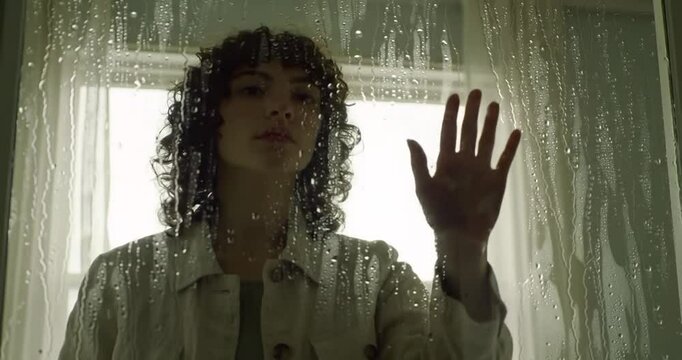 Serene Woman Contemplating Nature Through a Wet Window on a Rainy Day - Emotional Reflection