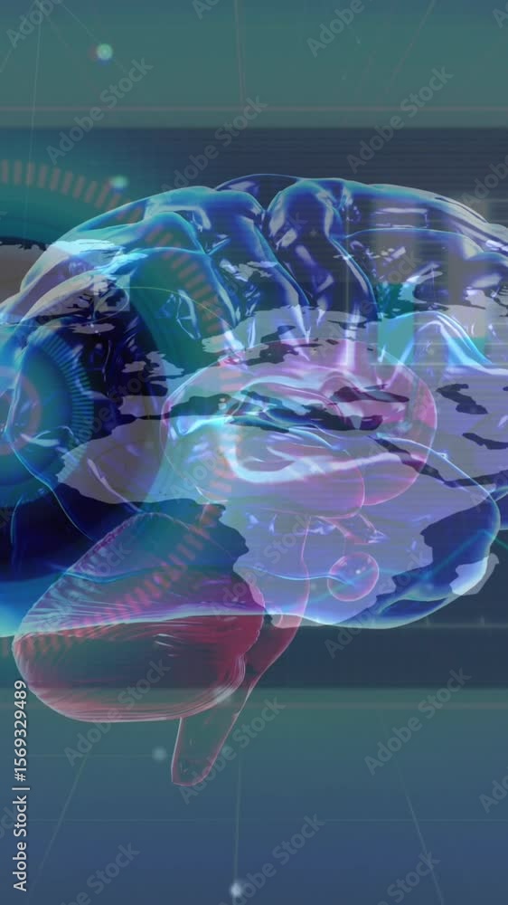 Poster animation of brain rotating over world map and screens with diverse data