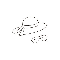 Linear vector illustration of a woman's summer beach hat and sunglasses. woman's summer beach hat and sunglasses are hand drawn.