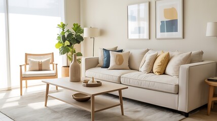 Modern living room with neutral tones and abstract art