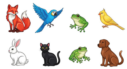 Vector cartoon animals illustration featuring fox parrot frog canary rabbit cat dog and another frog vector graphics