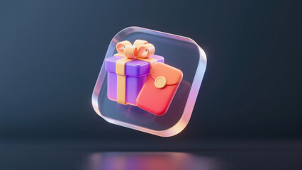 Creative Abstract Commercial Background: Glossy Icons for Shopping Festival. Vibrant Design Elements Including Shopping Vouchers, Gold Coins, Red Envelopes, Gift Boxes, and Hearts for Promotional Even