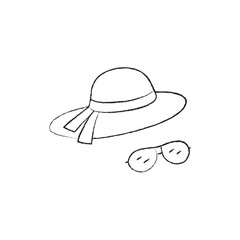 Linear vector illustration of a woman's summer beach hat and sunglasses. woman's summer beach hat and sunglasses are hand drawn.