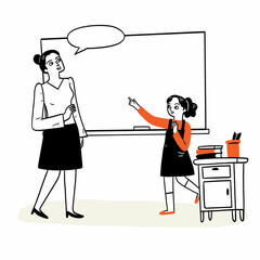 A language teacher is teaching students in front of the board.
