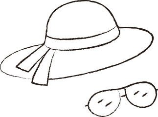 Linear vector illustration of a woman's summer beach hat and sunglasses. woman's summer beach hat and sunglasses are hand drawn.