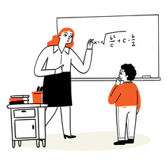 A language teacher is teaching students in front of the board.