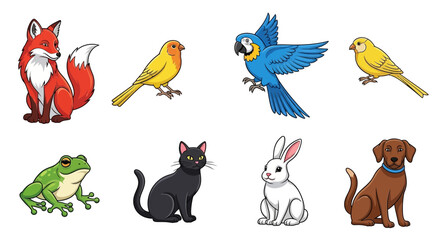 Vector cartoon animal illustration featuring fox canary parrot frog cat rabbit and dog for children education
