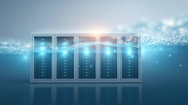 A data center submerged in water, symbolizing massive water usage for cooling systems and environmental impact.