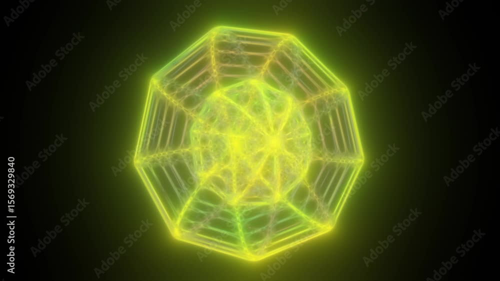 Poster transparent yellow geometric structure with a spiderweb-like grid glowing against a dark background