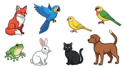 Vector illustration of diverse animals fox parrot canary budgie frog rabbit cat dog animal vector art 100