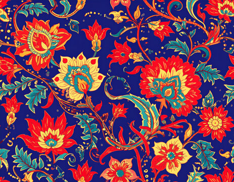 Intricate floral pattern with vibrant red, yellow, and teal blooms on a deep blue background.