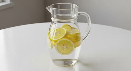 acrylic pitcher filled with lemonade and ice, clean white backdrop,