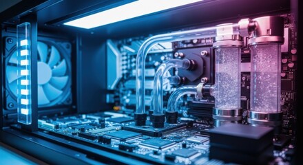 Close up of an advanced computer with liquid cooling system. High performance pc hardware for gaming and technology concept.