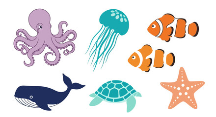 Vector ocean animals illustration featuring octopus, jellyfish, clownfish, whale, turtle and starfish vector art