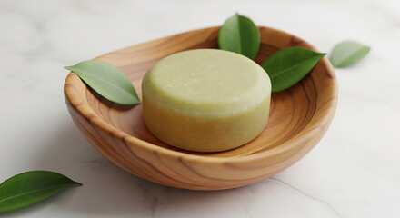 Shea butter creates natural soap. Natural soap on a textured plate with greenery and flowers.