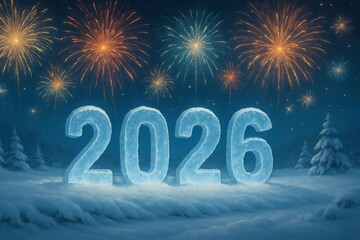 Ice 2026 celebrating new year with fireworks exploding in snowy night landscape with fir trees, perfect for wishing happy new year 2026